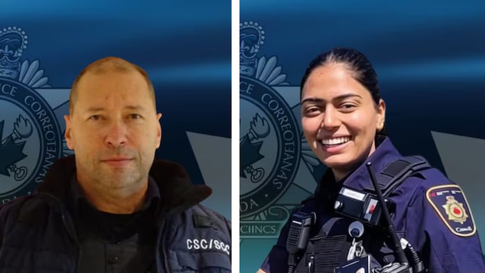 Montage photo d'un homme et d'une femme en uniforme d'agents correctionnels devant le logo de Service correctionnal 
