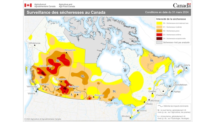 Une carte du Canada indiquant l'intensité de la sécheresse.