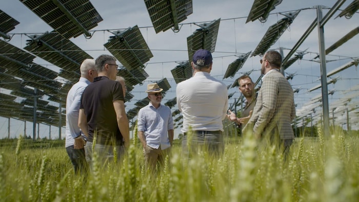 Des citoyens discutent dans un champ de blé, sous des panneaux solaires.