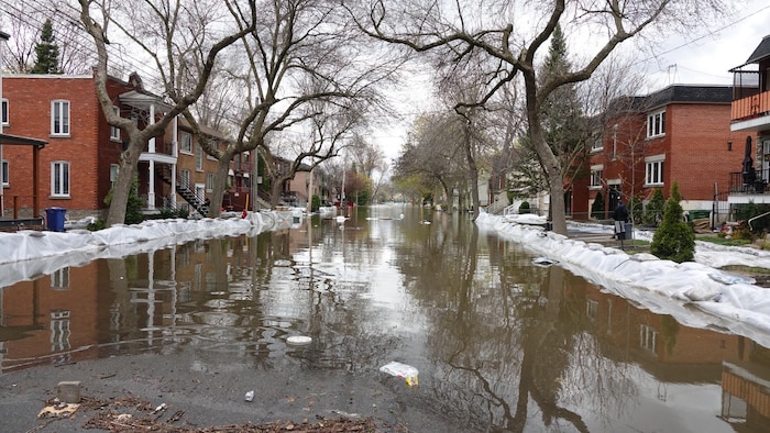 Des digues aménagées de part et d'autre de la rue Cousineau, dans l'arrondissement d'Ahuntsic-Cartierville, touchée par les inondations.