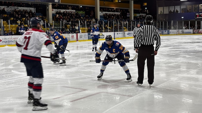 Des joueurs de hockey s'affrontent sur la glace dans un aréna. 
