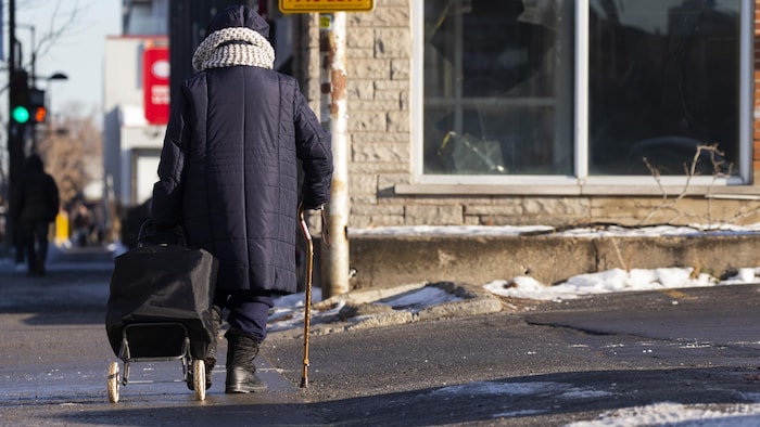 Une personne âgée marche avec une canne en tirant un chariot dans la rue Ontario à Montréal.