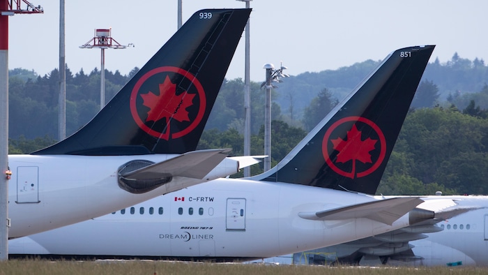 Les queues de deux avions au sol, décorées du logo d'Air Canada.