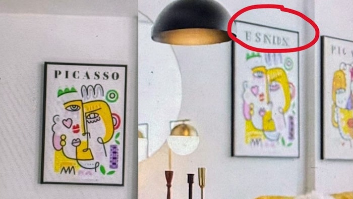 Montage de deux photos où l'on peut voir une affiche présentant une œuvre de Picasso avec la mention Picasso dans le haut et une autre de la même œuvre où le mot Picasso ressemble à « ESNIBN ».