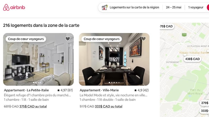 Une carte de Montréal recensant 216 annonces.