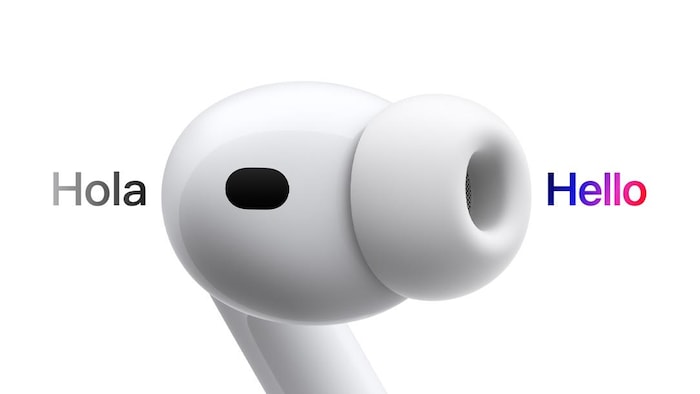 Un écouteur de AirPods Pro 3, passant de «Hola» à «Hello». 
