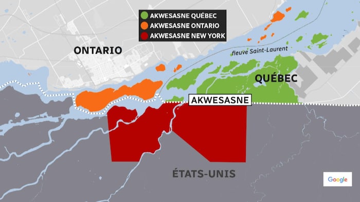 Une carte montrant la position géographique d'Akwesasne aux États-Unis, au Québec et en Ontario.
