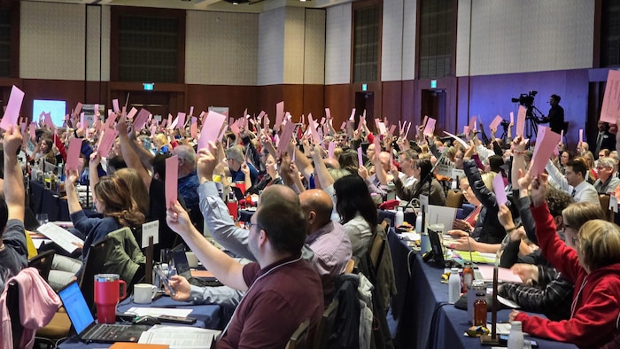 De nombreux délégués lèvent simultanément des cartons roses pour voter lors d'une assemblée.