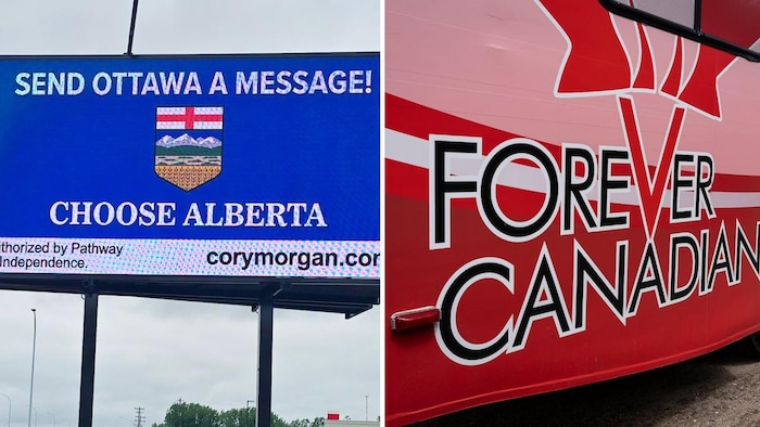 l’une montre une pancarte où l’on peut lire « envoyez un message à Ottawa ! Choisissez l’Alberta ». L’autre porte l’inscription « Canadien pour toujours ».