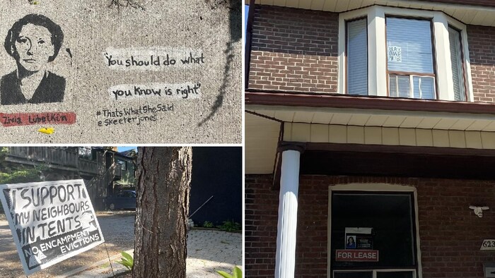 À Davenport, RCI a vu plusieurs exemples des préoccupations évoquées par les habitants du district que nous avons interrogés. À droite, au premier étage, une affiche pour le mouvement Black Lives Matter. Au premier étage, une bannière pour les logements locatifs, l'une des rares dans ce quartier extrêmement dense. En bas à gauche, une affiche en faveur des sans-abri et en haut, une des oeuvres urbaines du projet artistique #ThatsThatSheSaid de @SkeeterJones.