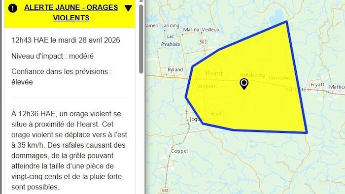 Une carte de la région de Hearst sur laquelle est dessiné un polygone jaune. 