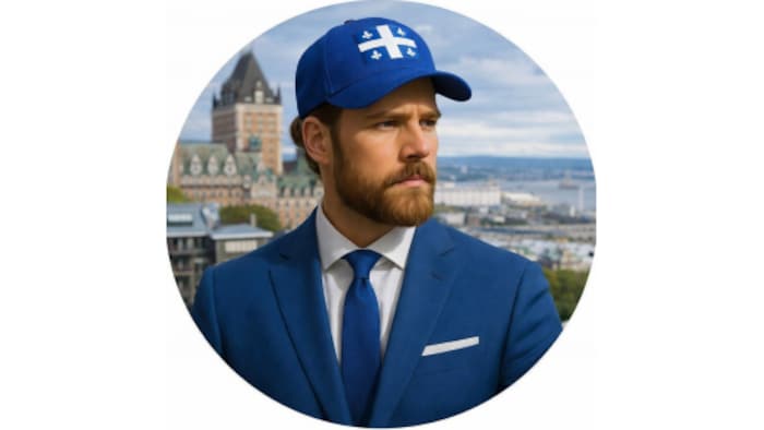 Photo d'un homme en complet bleu qui porte une casquette avec le drapeau du Québec. On aperçoit le Château Frontenac en arrière-plan.