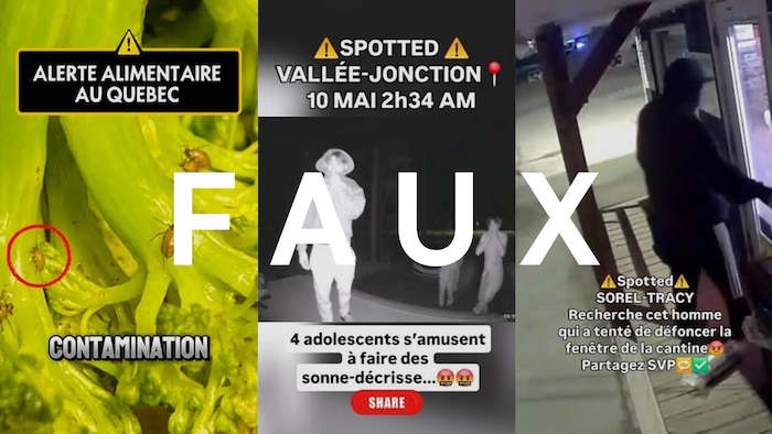 Trois captures d'écran de vidéos mises en ligne par Alexx Stagg -- un rappel de brocoli, des "sonne-décrisse" d'adolescents à Vallée-Jonction, et un homme qui aurait défoncé la porte d'une cantine à Sorel-Tracy.
