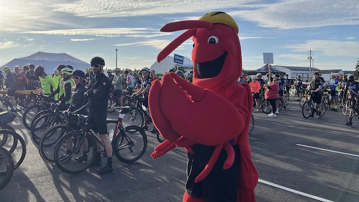 Mascotte en homard du Gran fondo de la Baie Sainte-Marie avec plusieurs cyclistes à ses côtés.