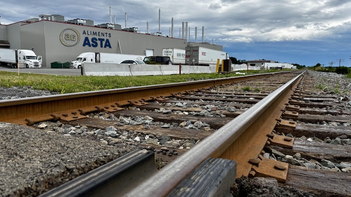 Une voie ferrée et en arrière plan l'usine d'Aliments Asta de Saint-Alexandre-de-Kamouraska