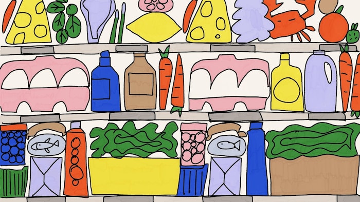 Une illustration avec des aliments sur une tablette d'épicerie.