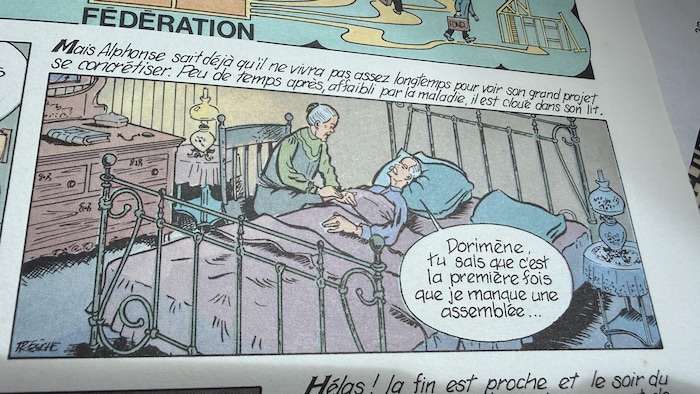 Dorimène au chevet d'Alphonse Desjardins dans un extrait de bande dessinée.