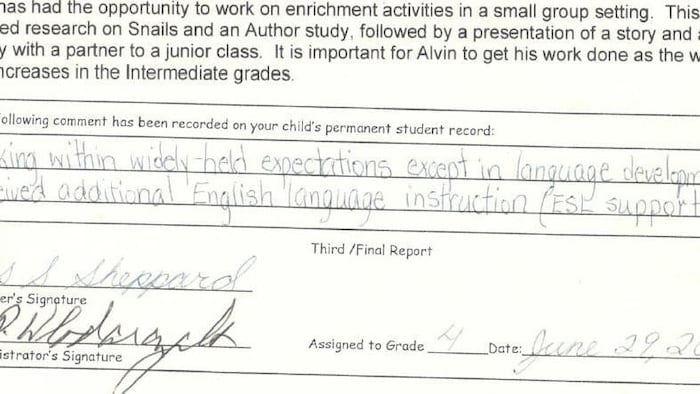 Alvin Ma’s Grade 3 report card shows he received ESL support while also participating in enrichment activities.