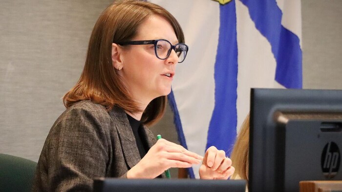Amanda McDougall de profil, assise, en train de parler, devant un écran d'ordinateur et près d'un drapeau de la Nouvelle-Écosse suspendu à un mur.