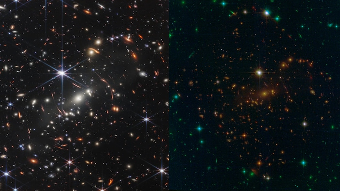 Comparaison entre les images de l'amas de galaxies SMACS 0723 prises par Webb et Hubble. Des points lumineux sur un fond sombre apparaissent beaucoup plus nombreux sur l'image de Webb. 