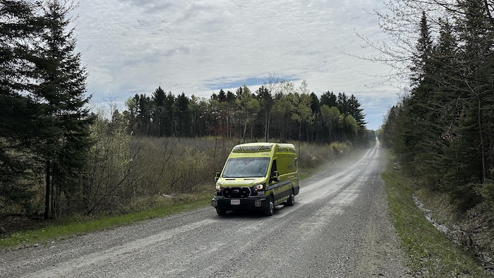 Une ambulance dans un chemin de terre en forêt.