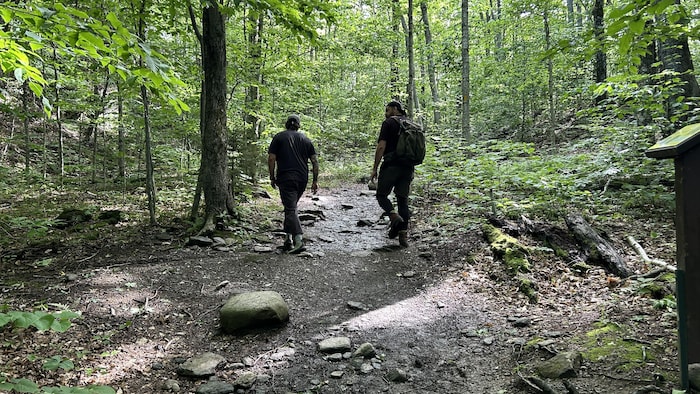 Des hommes marchent dans un sentier pédestre.