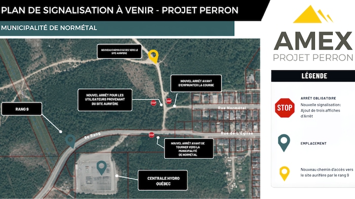 Le plan présente les nouveaux panneaux d'arrêt et en jaune, le nouveau chemin qu'emprunteront les véhicules pour se rendre au site. 