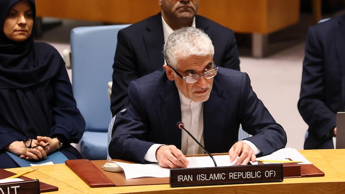 Amir Saeid Iravani speaks during an emergency meeting of the UN Security Council on June 22, 2025.