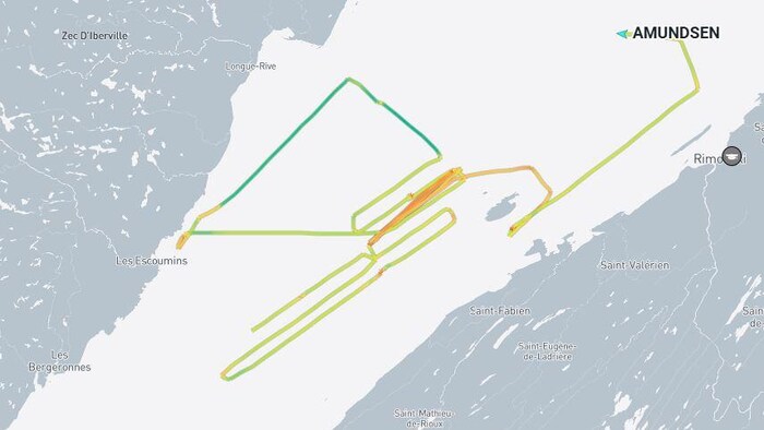Un plan qui montre l'itinéraire du navire Amundsen. Il a fait plusieurs allers-retours entre Les Escoumins, Longue-Rive, Saint-Fabien et Rimouski. 