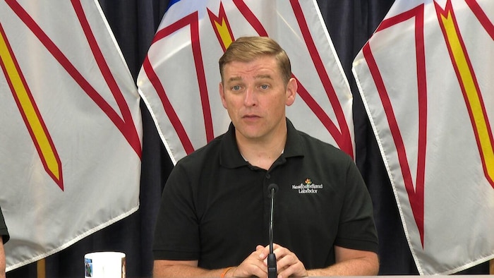 Andrew Furey assis en conférence de presse devant des drapeaux de Terre-Neuve-et-Labrador.