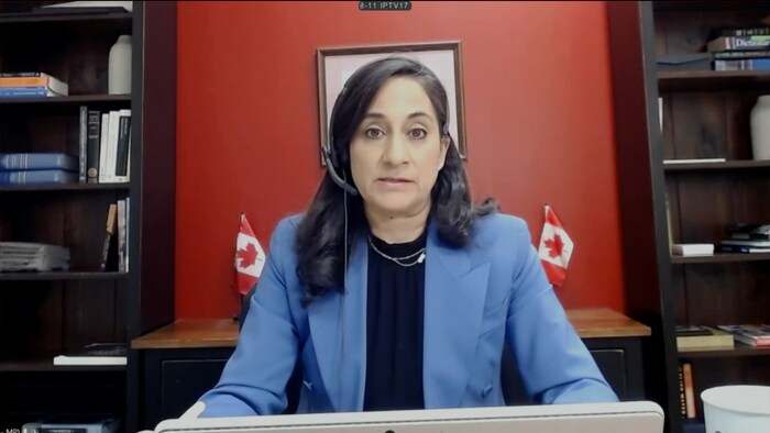Anita Anand lors d'un breffage.