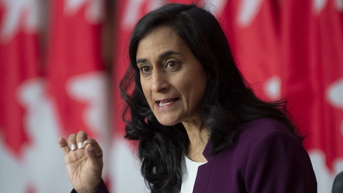 Anita Anand parle assise à une table de presse.