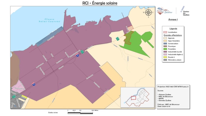 Une carte identifie des zones pour l’implantation d’un projet d’énergie solaire.