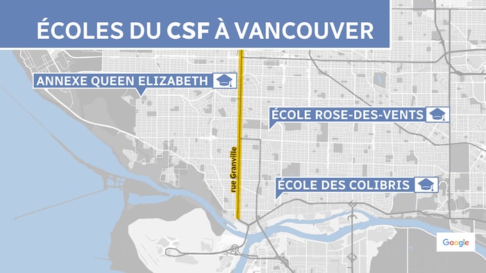 Carte des écoles primaires francophones à Vancouver. 