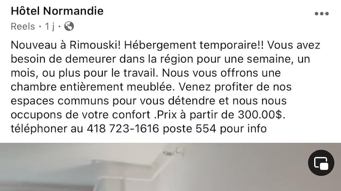 Le texte de l'annonce sur la page Facebook de l'Hôtel Normandie : «Vous avez besoin de demeurer dans la région pour une semaine ou un mois? Prix à partir de 300 dollars.»