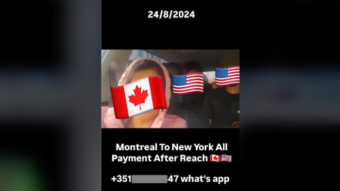 Offers of illegal border crossings are becoming more common on social networks, including TikTok. Radio-Canada has blurred out some identifying information in this screenshot. 