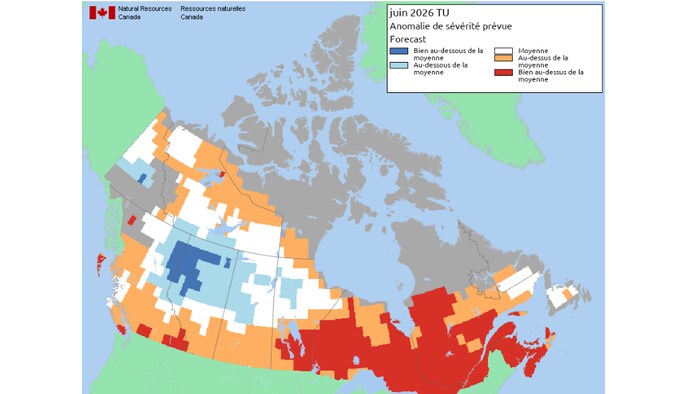 La Côte-Nord est en rouge sur cette carte, ce qui signifie que l'anomalie est en haut de la moyenne