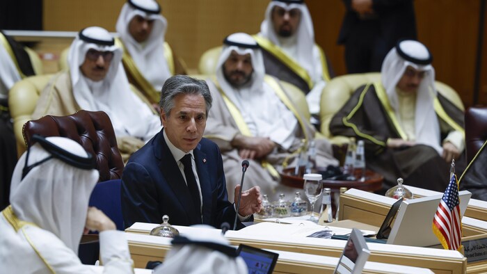 U.S. Secretary of State Antony Blinken attends a Joint Ministerial Meeting of the Gulf Cooperation Council and US to discuss the humanitarian crises faced in Gaza, in Riyadh, Saudi Arabia Monday, April 29, 2024. (Evelyn Hockstein/Pool Photo via AP)
