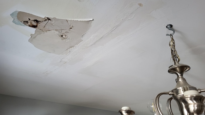 Des traces d'infiltration d'eau au plafond à proximité d'un luminaire.