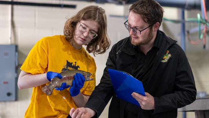 Two people around a fish.