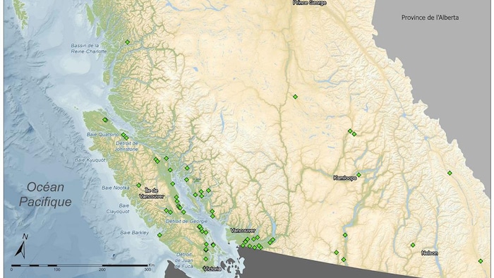 A map of land aquaculture facilities in British Columbia.