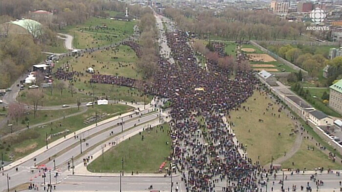 Vue aérienne de la foule de marcheurs qui forme des embranchements dans le parc Jeanne-Mance, à Montréal.