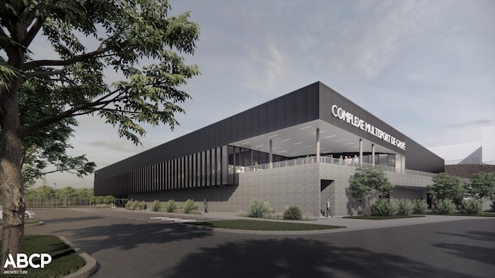 Dessin informatisé d'une bâtiment avec inscrit dessus «Complexe multisport de Gaspé».