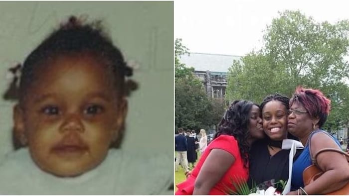 Pictured left, Arielle Townsend as a baby. Pictured right, Townsend (centre) at her graduation from the University of Toronto with her grandmother Susan (right) and mother Nichola (left). 