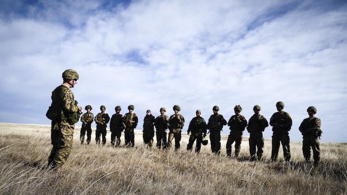Une douzaine de soldats debout dans un champ écoutent des instructions lors d'un entraînement militaire.