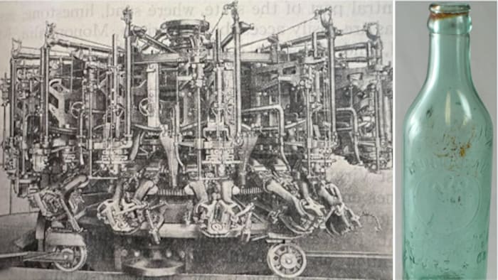 Un montage photo montrant une vieille machine complexe et une bouteille.