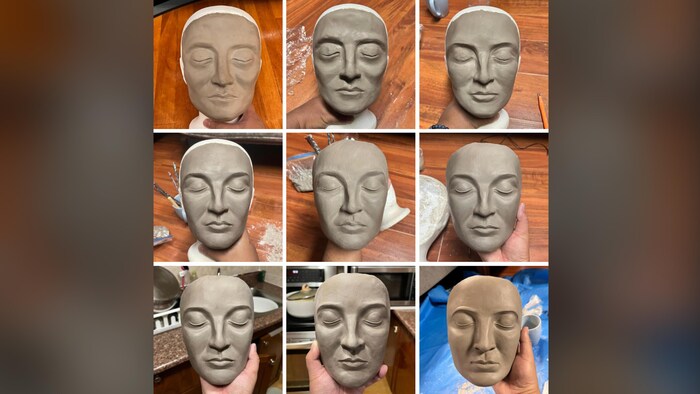 Une mosaïque de 9 photos montrant l'évolution de la fabircation du visage de la statue.