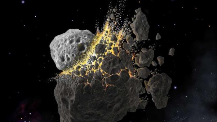 Illustration d'une collision de deux astéroïdes.