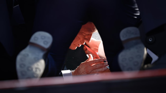 Au sol, Donald Trump a les yeux fermés, la tête entourée par des gardes du corps. 