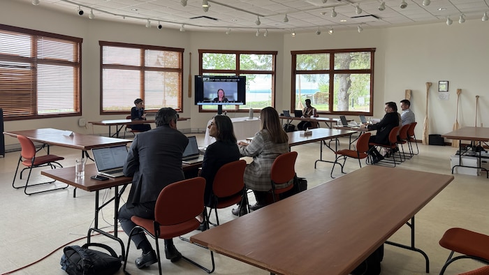 Quelques personnes sont assises dans une grande salle servant de salle d'audience. Une personne participe par vidéoconférence.
